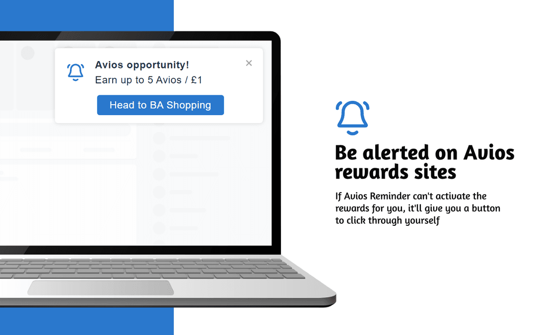 An image demonstrating a notification alerting the user that they can earn Avios and need to click through to the BA Shopping website